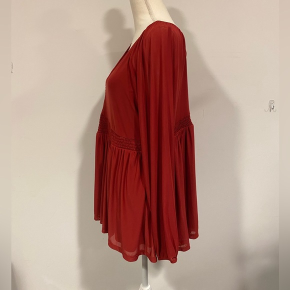 Torrid Dark Red‎ Burnt Orange Mesh Peasant Babydoll Top Size 2 - Picture 2 of 8